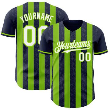 Custom Navy White-Neon Green Classic Vertical Stripe Fluid Liquid Texture Authentic Baseball Jersey