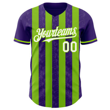 Custom Purple White-Neon Green Classic Vertical Stripe Fluid Liquid Texture Authentic Baseball Jersey