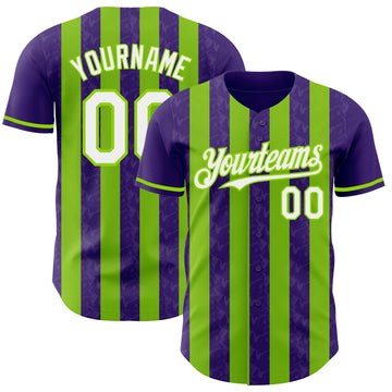 Custom Purple White-Neon Green Classic Vertical Stripe Fluid Liquid Texture Authentic Baseball Jersey