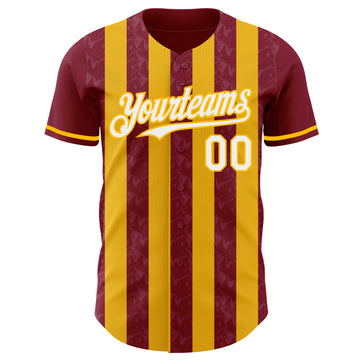 Custom Crimson White-Gold Classic Vertical Stripe Fluid Liquid Texture Authentic Baseball Jersey