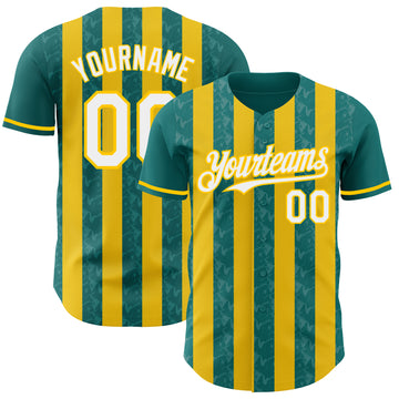 Custom Teal White-Yellow Classic Vertical Stripe Fluid Liquid Texture Authentic Baseball Jersey