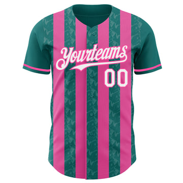 Custom Teal White-Pink Classic Vertical Stripe Fluid Liquid Texture Authentic Baseball Jersey