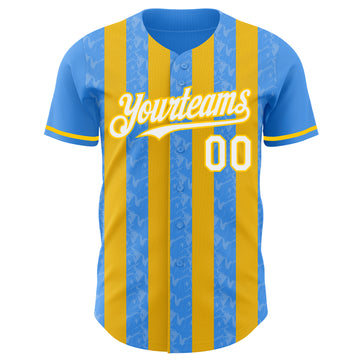Custom Electric Blue White-Yellow Classic Vertical Stripe Fluid Liquid Texture Authentic Baseball Jersey