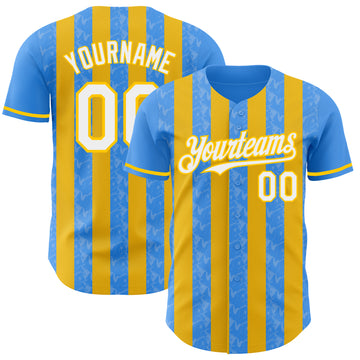 Custom Electric Blue White-Yellow Classic Vertical Stripe Fluid Liquid Texture Authentic Baseball Jersey