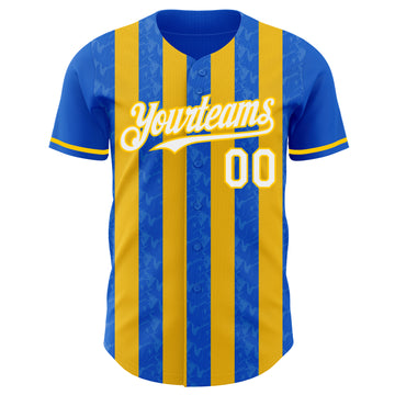 Custom Thunder Blue White-Yellow Classic Vertical Stripe Fluid Liquid Texture Authentic Baseball Jersey