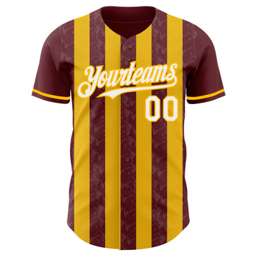 Custom Burgundy White-Gold Classic Vertical Stripe Fluid Liquid Texture Authentic Baseball Jersey