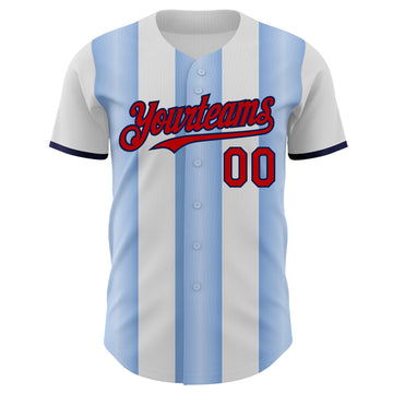 Custom White Red Light Blue-Navy Gradient Vertical Stripe Argentina Style Authentic Baseball Jersey