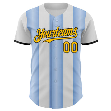 Custom White Gold Light Blue-Black Gradient Vertical Stripe Argentina Style Authentic Baseball Jersey