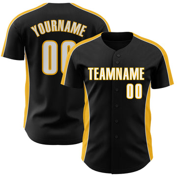 Custom Black White-Gold Classic Color Block Side Panel Stripe Authentic Baseball Jersey