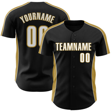 Custom Black White-Old Gold Classic Color Block Side Panel Stripe Authentic Baseball Jersey