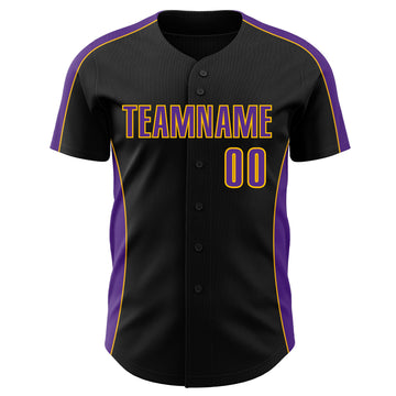 Custom Black Purple-Gold Classic Color Block Side Panel Stripe Authentic Baseball Jersey