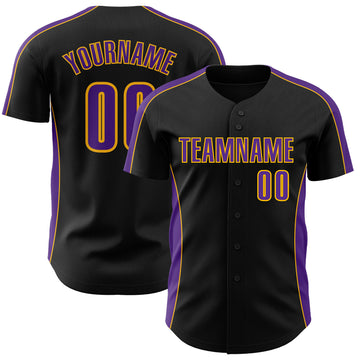 Custom Black Purple-Gold Classic Color Block Side Panel Stripe Authentic Baseball Jersey