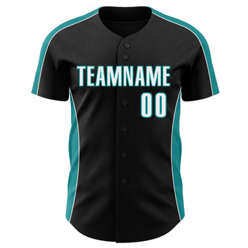 Custom Black White-Teal Classic Color Block Side Panel Stripe Authentic Baseball Jersey