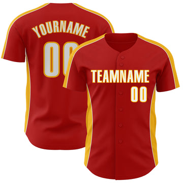 Custom Red White-Gold Classic Color Block Side Panel Stripe Authentic Baseball Jersey
