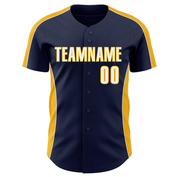 Custom Navy White-Gold Classic Color Block Side Panel Stripe Authentic Baseball Jersey