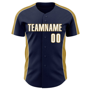 Custom Navy White-Old Gold Classic Color Block Side Panel Stripe Authentic Baseball Jersey