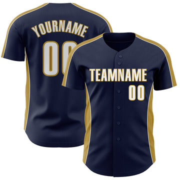 Custom Navy White-Old Gold Classic Color Block Side Panel Stripe Authentic Baseball Jersey