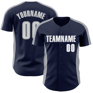 Custom Navy White-Gray Classic Color Block Side Panel Stripe Authentic Baseball Jersey