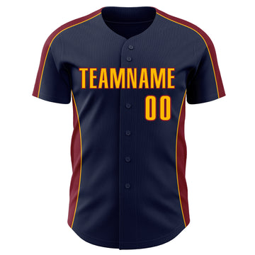 Custom Navy Gold-Crimson Classic Color Block Side Panel Stripe Authentic Baseball Jersey