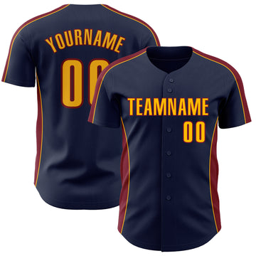 Custom Navy Gold-Crimson Classic Color Block Side Panel Stripe Authentic Baseball Jersey