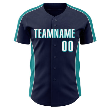 Custom Navy White-Teal Classic Color Block Side Panel Stripe Authentic Baseball Jersey