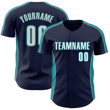 Custom Navy White-Teal Classic Color Block Side Panel Stripe Authentic Baseball Jersey