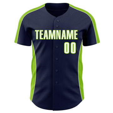 Custom Navy White-Neon Green Classic Color Block Side Panel Stripe Authentic Baseball Jersey