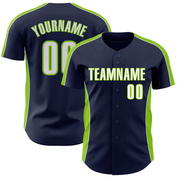 Custom Navy White-Neon Green Classic Color Block Side Panel Stripe Authentic Baseball Jersey
