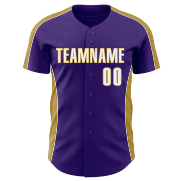 Custom Purple White-Old Gold Classic Color Block Side Panel Stripe Authentic Baseball Jersey