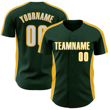 Custom Green White-Gold Classic Color Block Side Panel Stripe Authentic Baseball Jersey