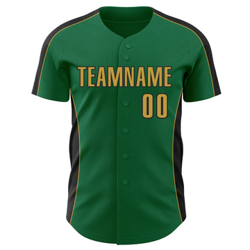 Custom Kelly Green Old Gold-Black Classic Color Block Side Panel Stripe Authentic Baseball Jersey