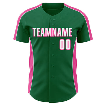 Custom Kelly Green White-Pink Classic Color Block Side Panel Stripe Authentic Baseball Jersey