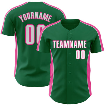 Custom Kelly Green White-Pink Classic Color Block Side Panel Stripe Authentic Baseball Jersey