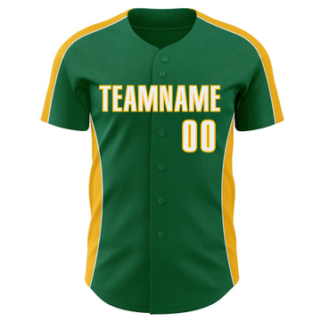 Custom Kelly Green White-Gold Classic Color Block Side Panel Stripe Authentic Baseball Jersey