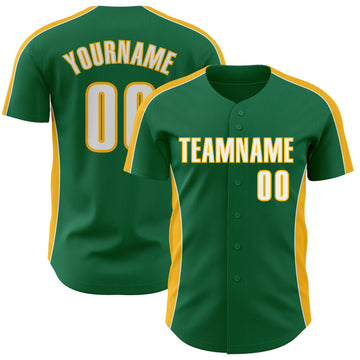 Custom Kelly Green White-Gold Classic Color Block Side Panel Stripe Authentic Baseball Jersey
