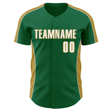 Custom Kelly Green White-Old Gold Classic Color Block Side Panel Stripe Authentic Baseball Jersey