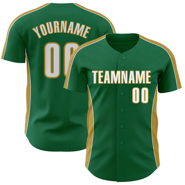 Custom Kelly Green White-Old Gold Classic Color Block Side Panel Stripe Authentic Baseball Jersey