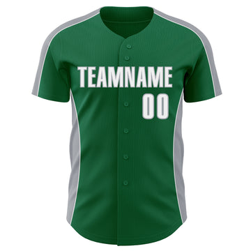Custom Kelly Green White-Gray Classic Color Block Side Panel Stripe Authentic Baseball Jersey