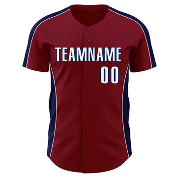 Custom Crimson White-Navy Classic Color Block Side Panel Stripe Authentic Baseball Jersey
