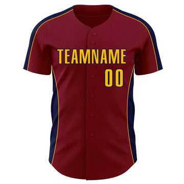Custom Crimson Gold-Navy Classic Color Block Side Panel Stripe Authentic Baseball Jersey