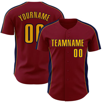 Custom Crimson Gold-Navy Classic Color Block Side Panel Stripe Authentic Baseball Jersey