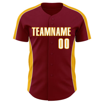 Custom Crimson White-Gold Classic Color Block Side Panel Stripe Authentic Baseball Jersey