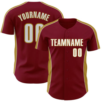 Custom Crimson White-Old Gold Classic Color Block Side Panel Stripe Authentic Baseball Jersey