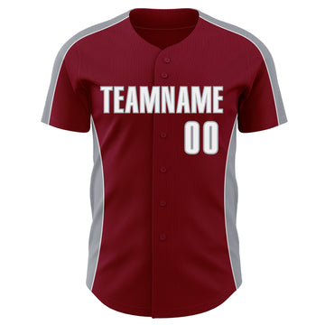 Custom Crimson White-Gray Classic Color Block Side Panel Stripe Authentic Baseball Jersey