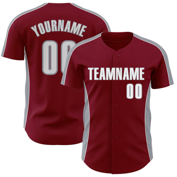 Custom Crimson White-Gray Classic Color Block Side Panel Stripe Authentic Baseball Jersey