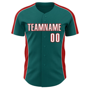 Custom Teal White-Red Classic Color Block Side Panel Stripe Authentic Baseball Jersey
