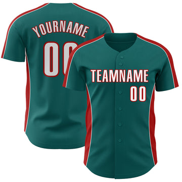 Custom Teal White-Red Classic Color Block Side Panel Stripe Authentic Baseball Jersey