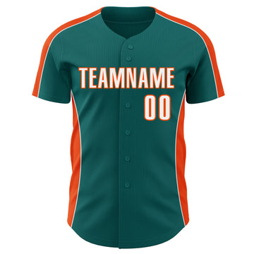 Custom Teal White-Orange Classic Color Block Side Panel Stripe Authentic Baseball Jersey