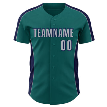 Custom Teal Gray-Navy Classic Color Block Side Panel Stripe Authentic Baseball Jersey