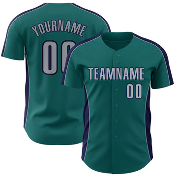 Custom Teal Gray-Navy Classic Color Block Side Panel Stripe Authentic Baseball Jersey